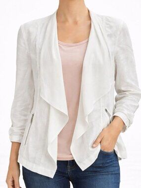Chicos Womens Cardigan Sweater Waterfall Linen White 3/4 Ruch Sleeve Size 0 | S